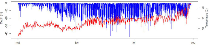 Grafen viser hvilke dybder (blå) og temperaturer (rød) en havørred på 2,5 kg har oplevet fra den bevægede sig ud i havet 2. maj til den vendte tilbage til vandløbet 31. juli, 2017. 