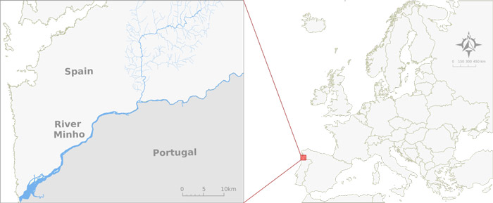 Map - The River Minho is located in the Iberian Peninsula and represents a natural border between Portugal and Spain