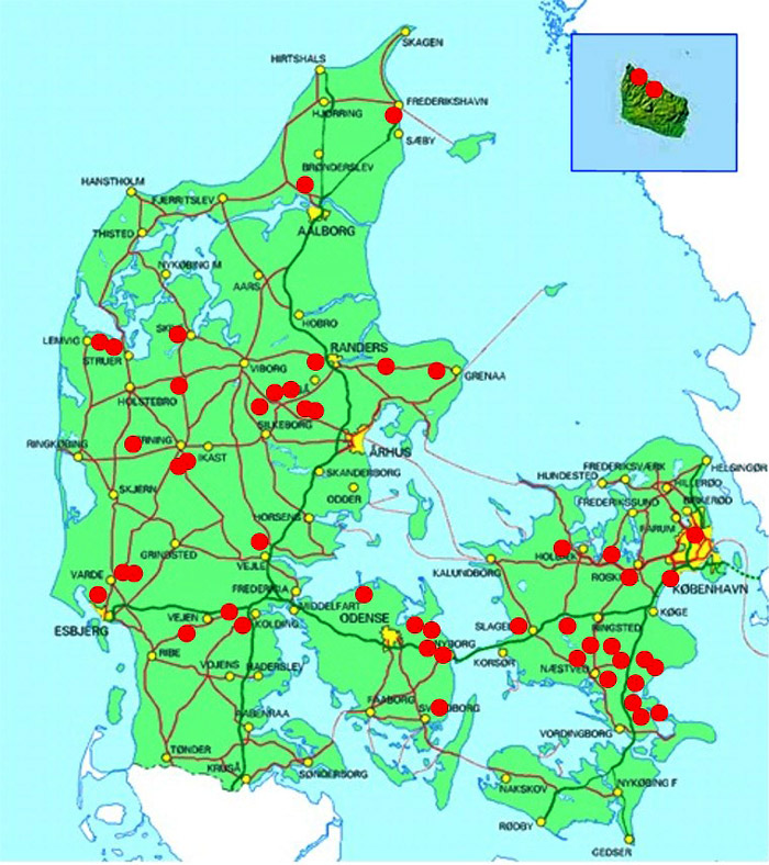 Kort Over Danske SøEr Signalkrebs forekomst på Danmarkskort   Fiskepleje.dk Kort Over Danske SøEr