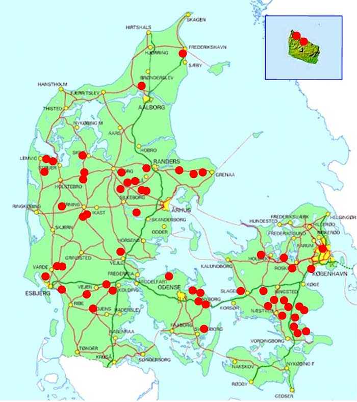 Kort Af Danmark Signalkrebs forekomst i Danmark   Fiskepleje.dk Kort Af Danmark
