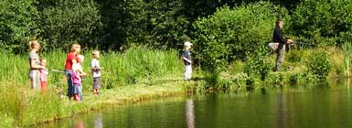 Børn der nyder fiskeriet i en sø