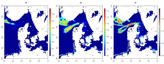 På figuren kan du se tre billeder der angiver de mest (rød) og mindst (blå) sandsynlige opholdsområder for en ørred for dagene 19, 20 og 21 efter ørreden svømmede ud i havet. Det er data som disse der fodres ind i en computermodel, som derefter beregner den mest sandsynlige vandringsrute for fisken.