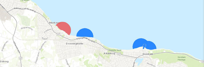 Fredningsbælter på kysten - både helårlig og halvårlig fredningsbælter er vist på denne strækning