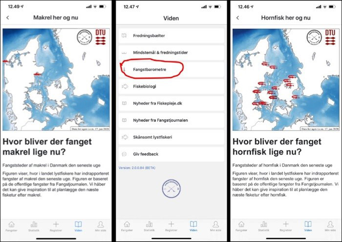 Hornfisk - Fangstjournalens app finde et kort over, hvor i Danmark der er indrapporteret fangster af hornfisk den seneste uge, samt et barometer der tager temperaturen på dagens fangstchancer.