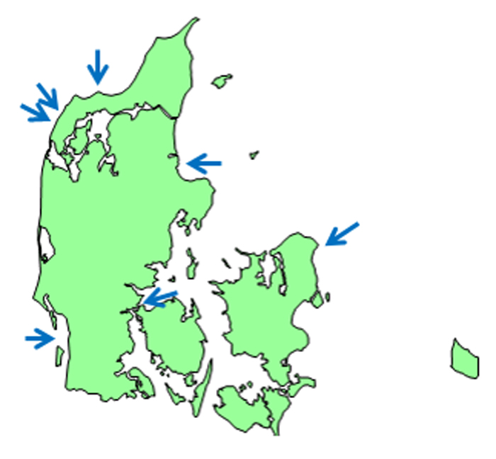 Monitering af åleyngel i danske  vandløb placering af de undersøgte lokaliteter er vist på kort.