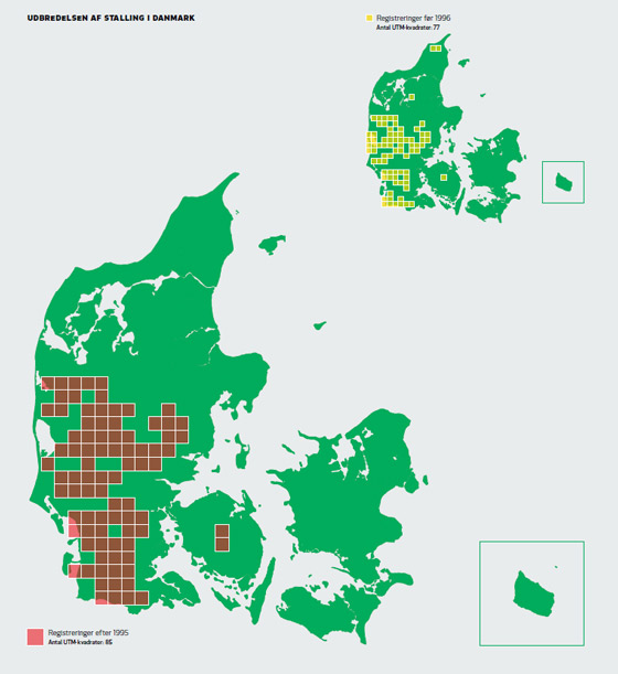 Fiskeatlas kort over forekomst af stalling i danske vandløb