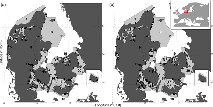 Kort over de områder, hvor nøglefiskerprojeket har indsamlet data om fiskebestande.