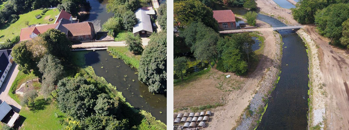 Kongeå ved Jedsted Dambrug. Før og efter restaurering, hvor der nu er genskabt fri passage ved opstemningen. Fotos venligst udlånt af Esbjerg Kommune