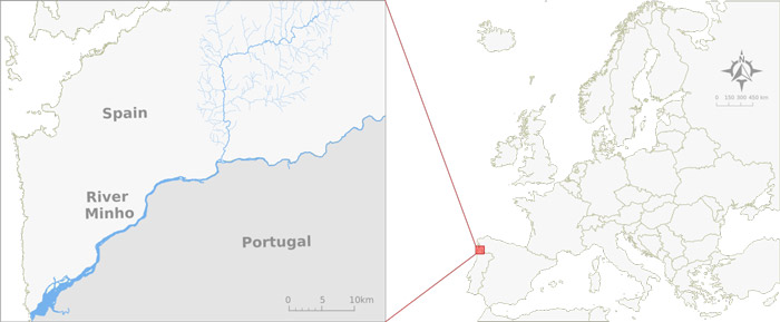 Map - The River Minho is located in the Iberian Peninsula and represents a natural border between Portugal and Spain 