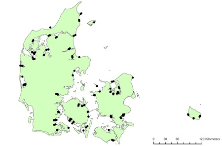 Kort over, hvor der er Nøglefiskere i Danmark i 2020