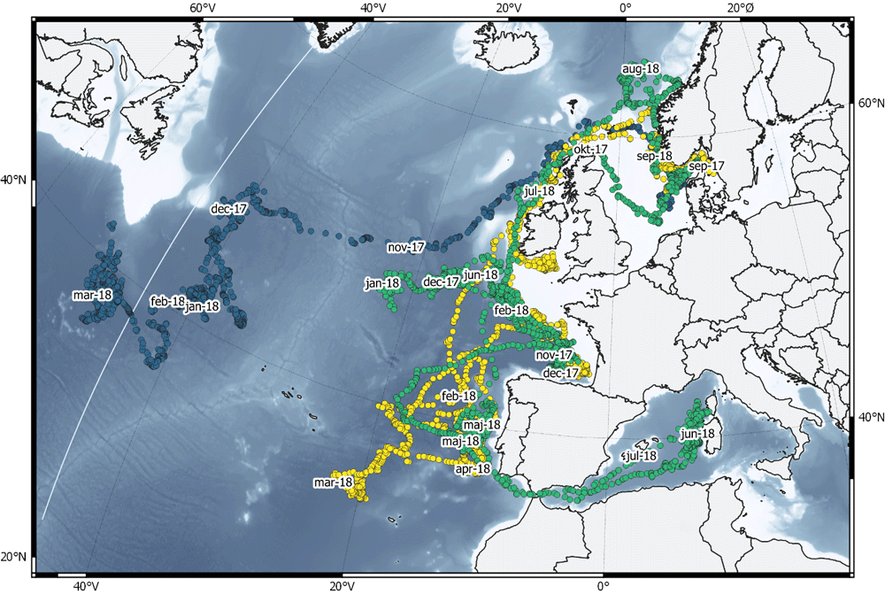 Tre eksempler på vandringer hos blåfinnet tun mærket i Skagerrak i 2017 med månedsangivelse langs ruten.