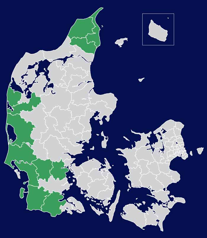 Kommuner der har vandløb som skal undersøges i 2024 er markeret med grønt