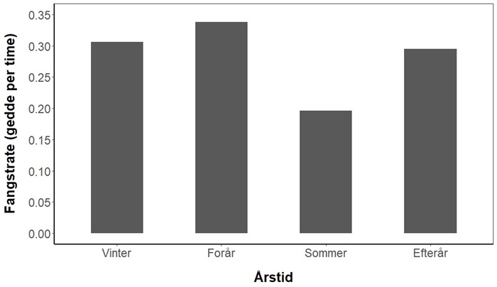 Den gennemsnitlige fangstrate af gedder på danske søer fordelt på de fire årstider.