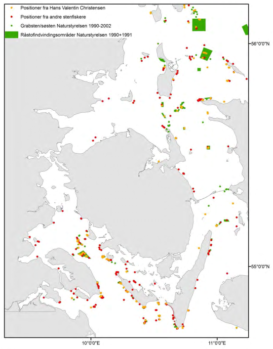 Kort over tidligere stenfiskeri i Bælterne og ved det sydlige Fyn