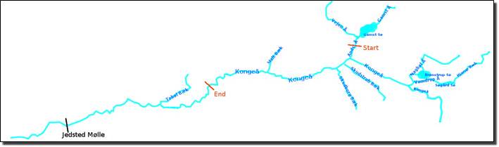 Kort over Kongeå med angivelse af start- og slutpunkt for undersøgelsesområdet