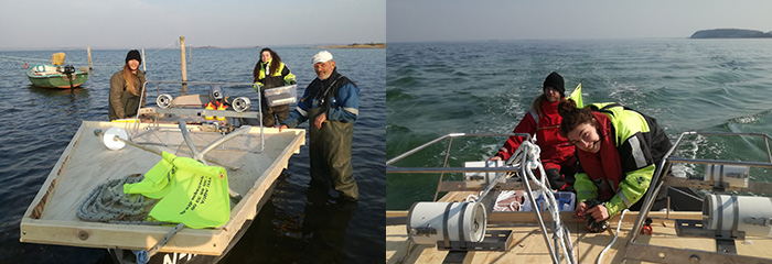 Båd og undervandskameraer gøres klar til undersøgelse af fiskeforekomster i Helnæs Bugt. Fra venstre ses studerende Jort Rootlieb og Alexandra Zachariadou samt den lokale fisker Ib Ivar Dahl. Foto: Jon C. Svendsen.