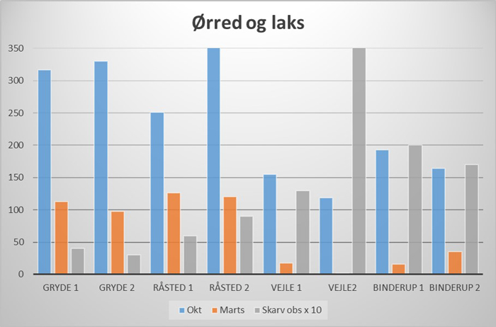 Resultater af overdækningsforsøg 2020/2021. Antal af ørred- og lakseungfisk på strækningen i oktober (blå søjler) og marts (orange søjler) sammenholdt med antal skarv observeret på kamera (divideret med 10, grå søjle). 1= overdækkede strækninger, 2 = kontrol.