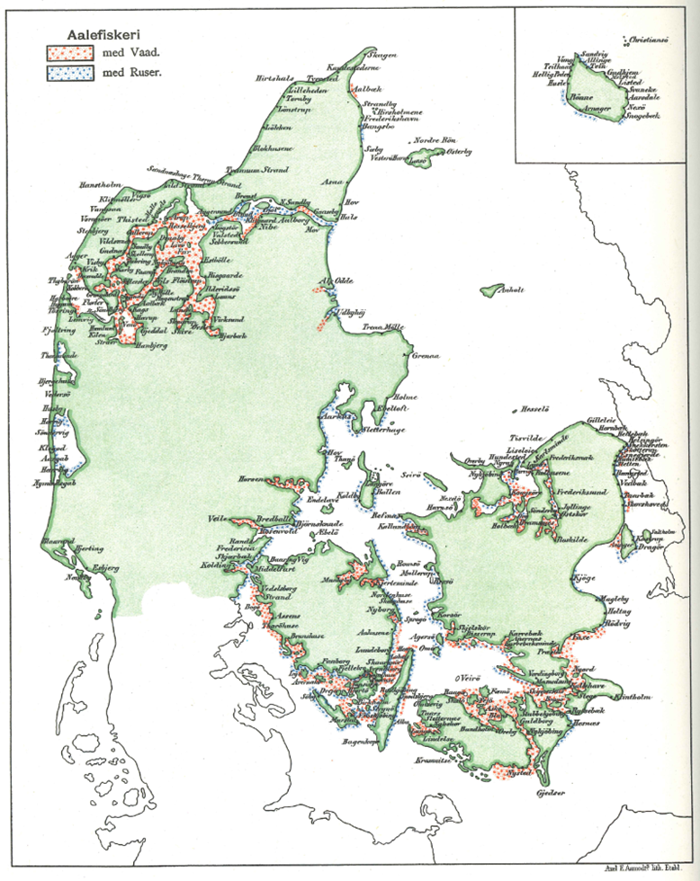 Udbredelsen af ålefiskeriet i de indre danske farvande i slutningen af 1800-tallet.