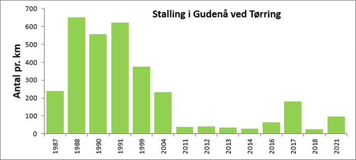 ætheden af stalling over 20 cm på en 1,5 km lang strækning i Gudenå opstrøms Tørring