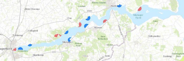 Kort med fredningsbælter i Mariager Fjord