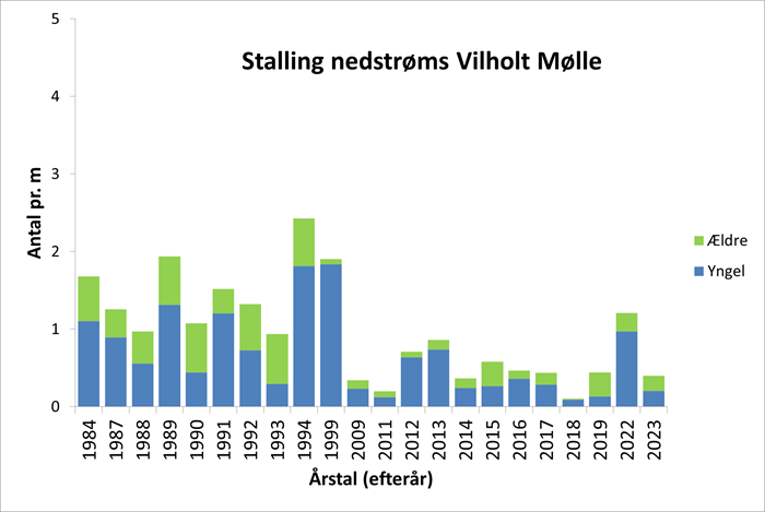 Diagrammet viser stallingbestanden på en 600 m lang strækning nedstrøms Vilholt Mølle